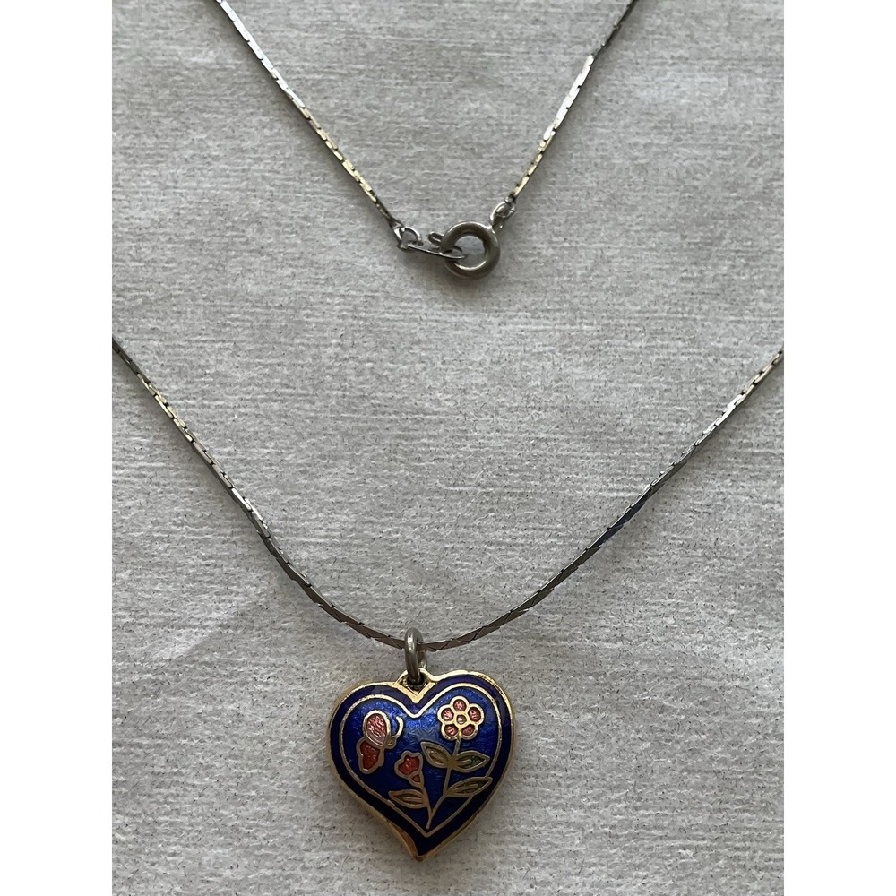 Vintage cloisonné enamel necklace Puffy Heart Blue Gold Tone Estate Jewelry